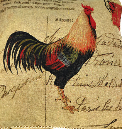 Tache Rooster Postcard European Farmhouse Cottage Vintage Tapestry Woven Throw Pillow Cover (15051)