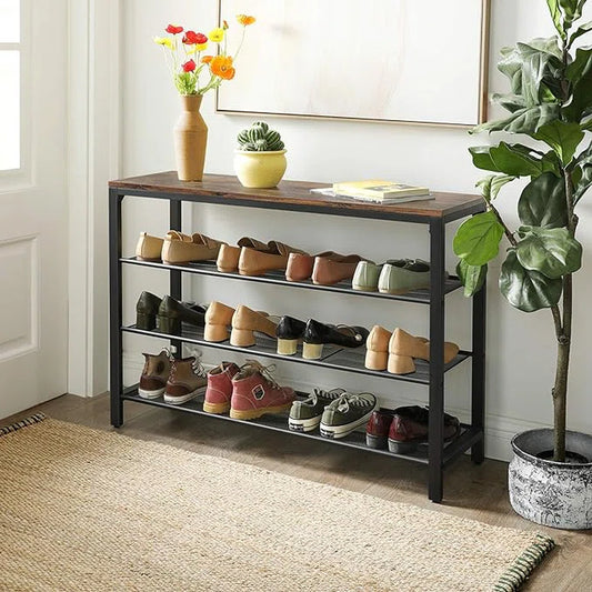 3-Tier Metal and Wood Shoe Rack with Rustic Wooden Shelf - Industrial Black/Brown Finish