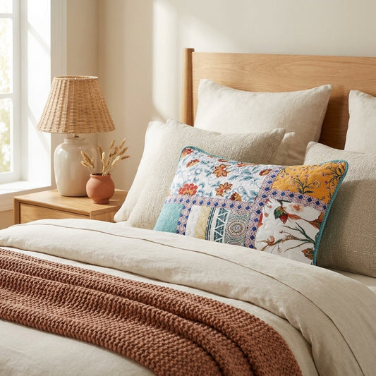 Cotton Patchwork Garden Pillow Sham, Hummingbirds & Floral Design