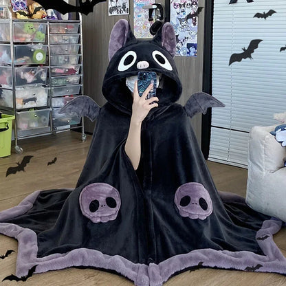 Kawaii Cartoon Bat Y2K Blanket Plush Pajamas Anime Cloak, Hooded Cape Costume for Adults, Winter Ponchos, Halloween Wearable Cloak