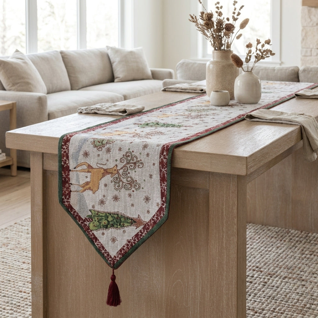 Woven Tapestry Reindeer Winter Forest Table Runner for Holiday Dining