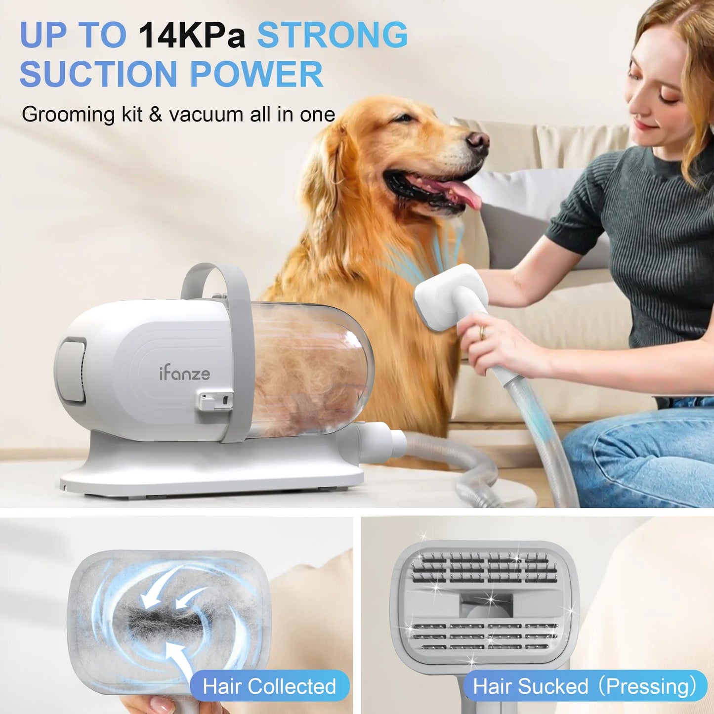 Mrdoggy 14KPa Dog Grooming Vacuum Kit - 2.5L Pet Hair Suction, 3 Modes, Low Noise, with 5 Grooming Tools, White