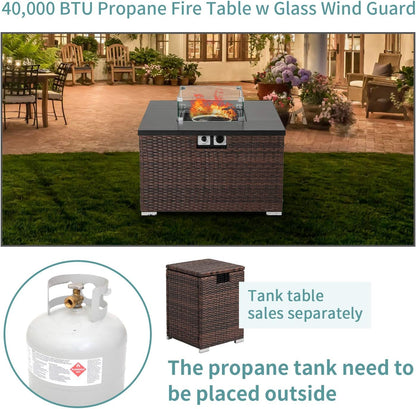 Outdoor Propane Burning Fire Table, Dark Brown Rattan Fire Fit Table 40,000 BTU, Waterproof Cover for Garden, Backyard