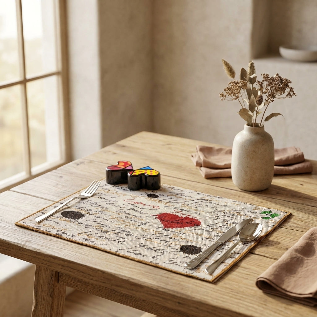 Woven Tapestry Placemat Set with Golden Beige Love Letter Design