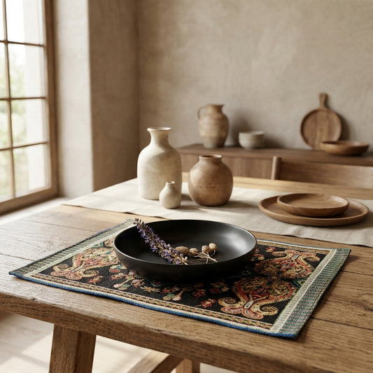 Tache Elegant Black Ornate Paisley Woven Tapestry Placemat Set (18192)