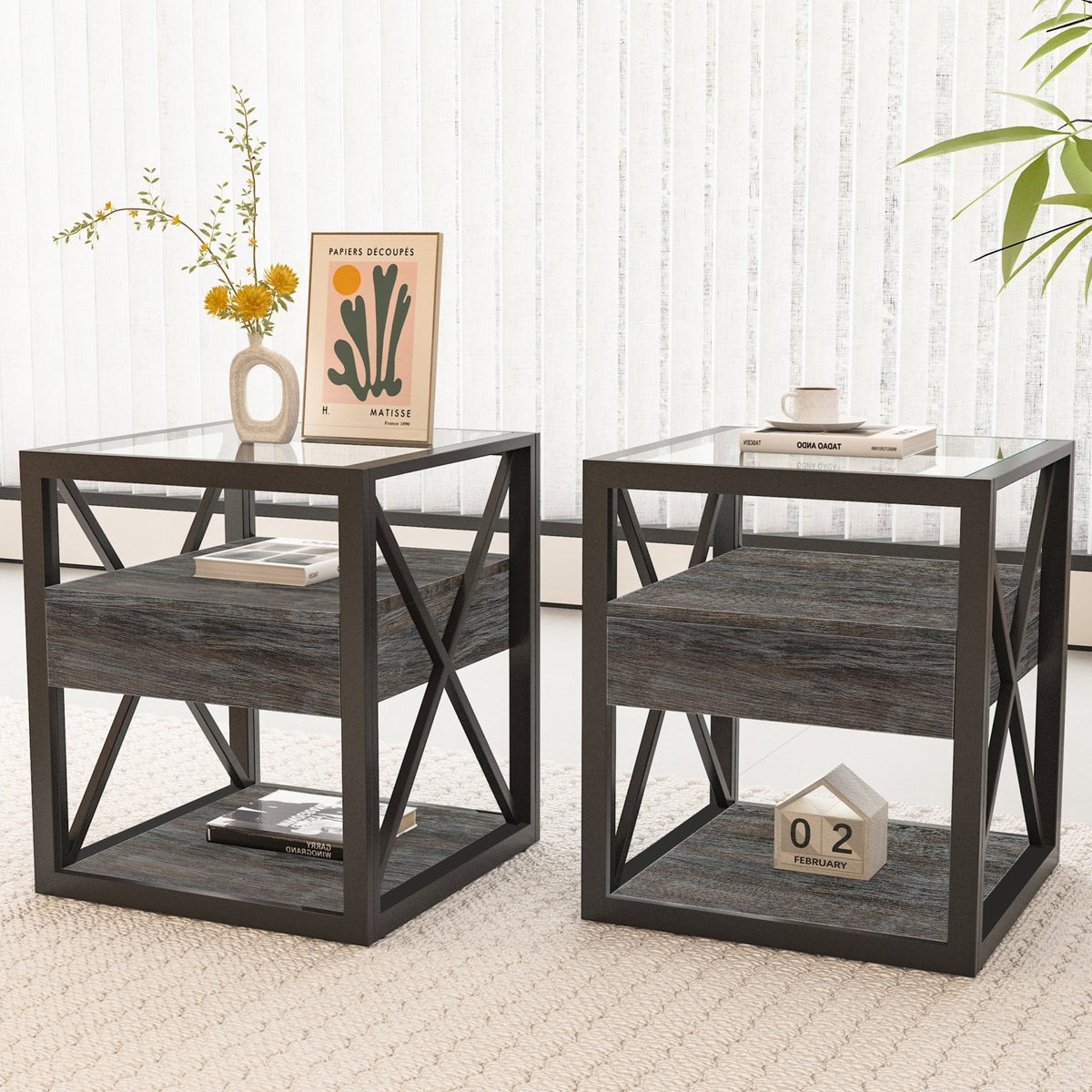 Modern End Tables with Drawer - Set of 2 Nightstands