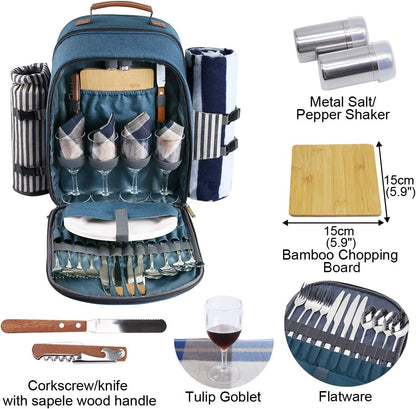 Picnic Backpack for 4 Person with Blanket Picnic Basket Set for 2 with Insulated Cooler Wine Pouch for Family Couples (Blue & Stripe)