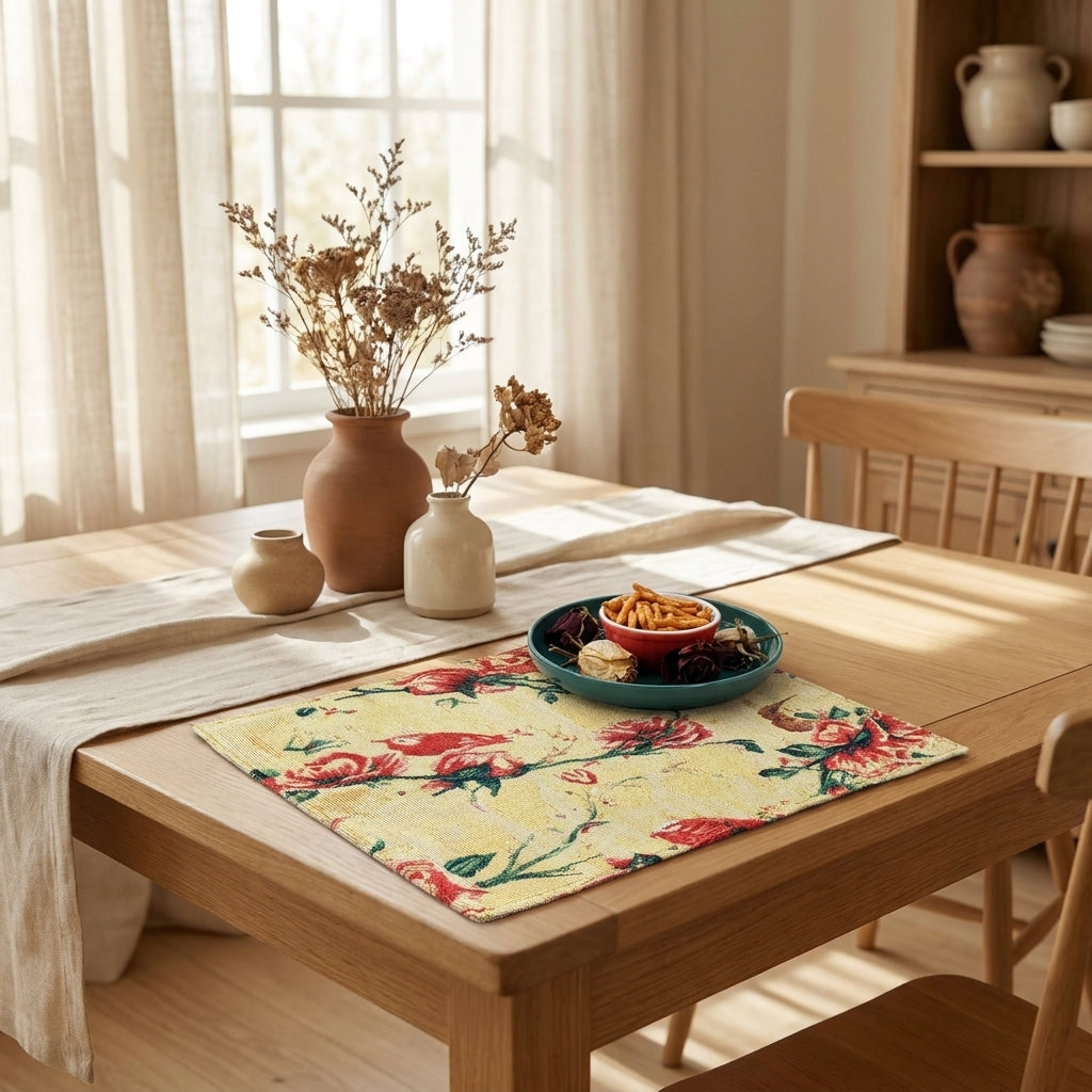 Tache Floral Red Roses Hummingbirds Golden Woven Tapestry Placemat Set (18115)
