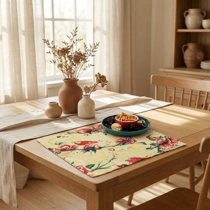 Tache Floral Red Roses Hummingbirds Golden Woven Tapestry Placemat Set (18115)