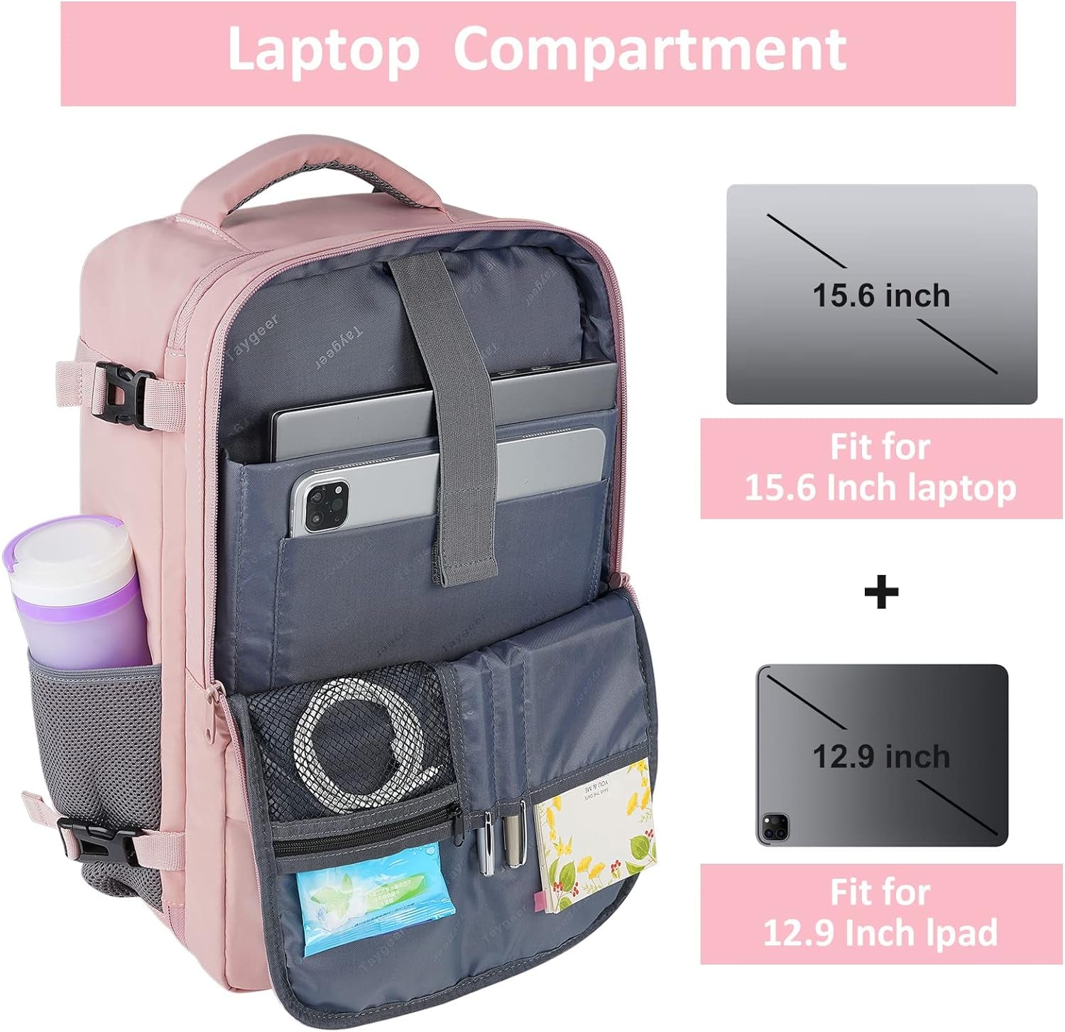 Travel Backpack for Women, Carry on Backpack with USB Charging Port & Shoe Pouch, TSA 15.6Inch Laptop Backpack Flight Approved, Nurse Bag Casual Daypack for Weekender Business Hiking, Pink