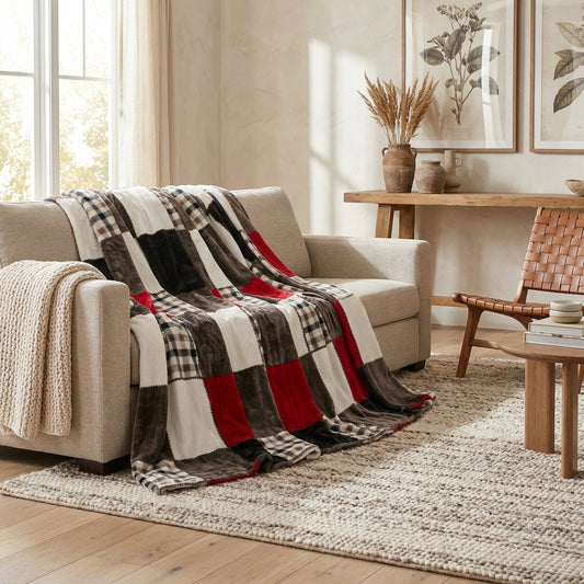 Polyester Fleece Patchwork Plaid Throw Blanket, Multiple Sizes
