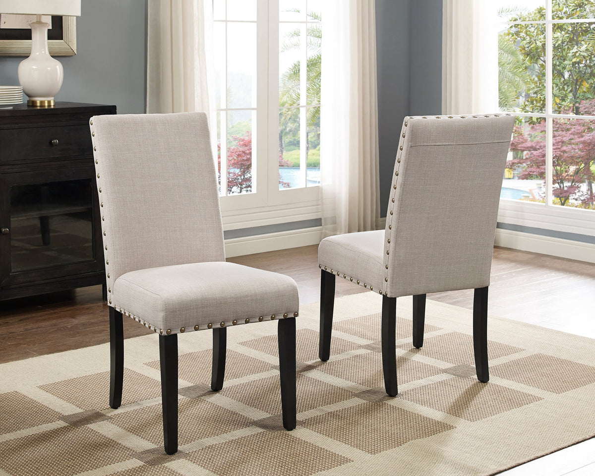Biony Espresso Wood Dining Set with Tan Fabric Nailhead Chairs