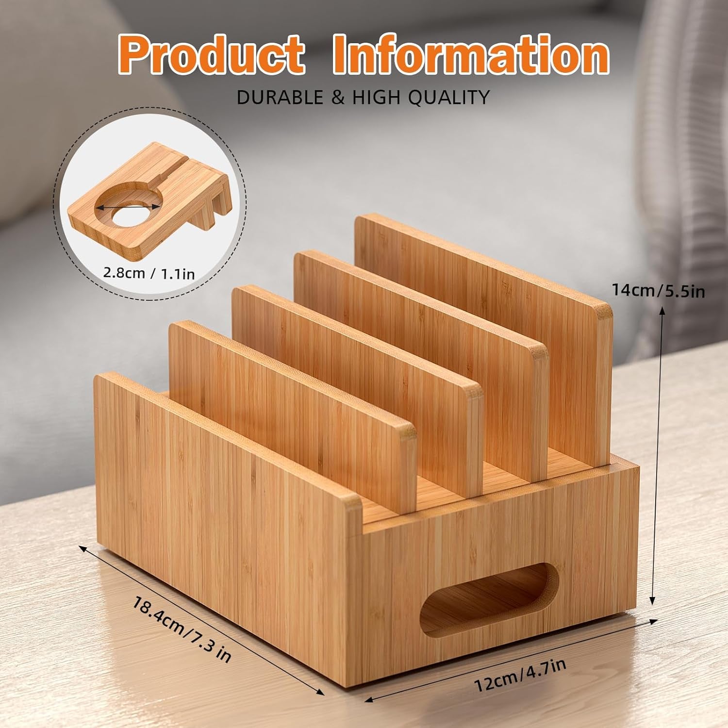 Bamboo Charging Station for Multi-Device with 4 Slots, Charging Dock Stand Compatible with Cellphone, Tablet, Watch (Include 6 Charger Cables, Watch Stand, NO USB Charger)
