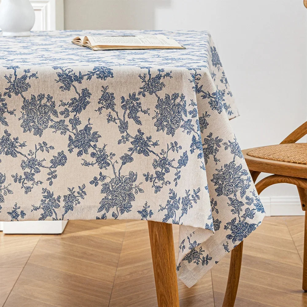 Ins Floral Cotton Linen Tablecloth - Retro Blue Rose Print Dining Table Cover for Kitchen, Parties, Picnics, and Home Decor