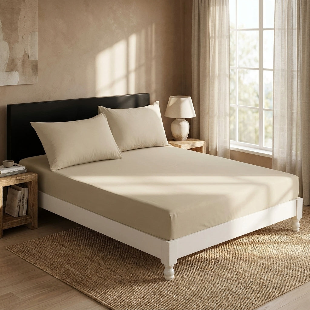 DaDa Bedding Poplin Cotton Tan Beige Fitted Sheet and Pillowcase (JHW-546)