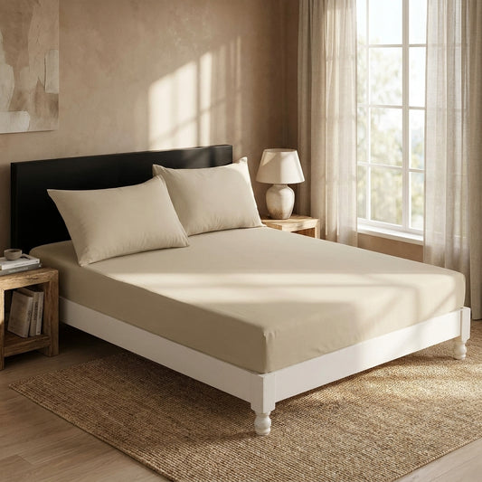 DaDa Bedding Poplin Cotton Tan Beige Fitted Sheet and Pillowcase (JHW-546)