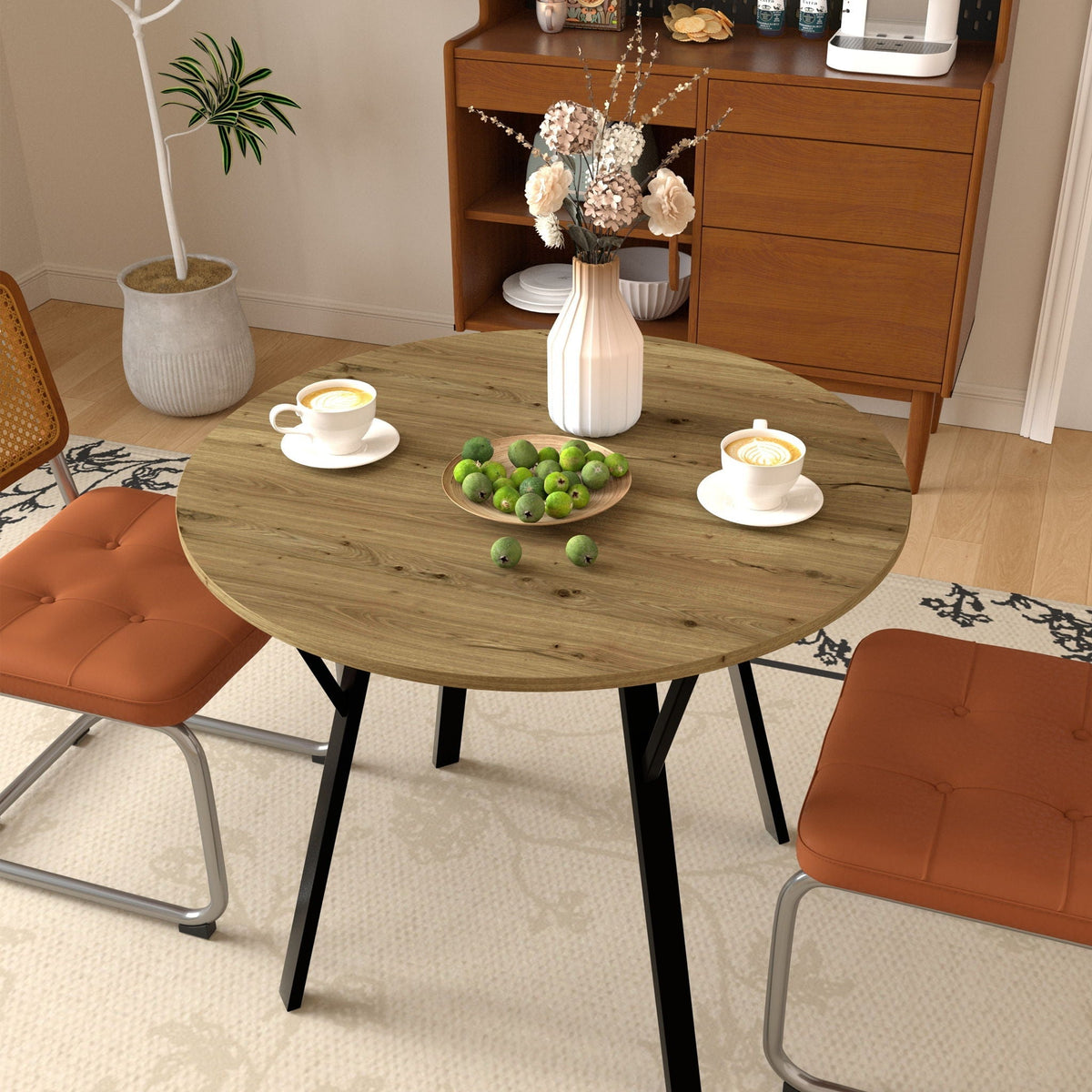 Round Dining Table for 2-4 People with Sturdy Metal Frame - Rustic Brown