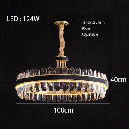 Dimmable LED Crystal Oval Ceiling Chandeliers - Black Leather Luxury Lustres for Dining Room Decor