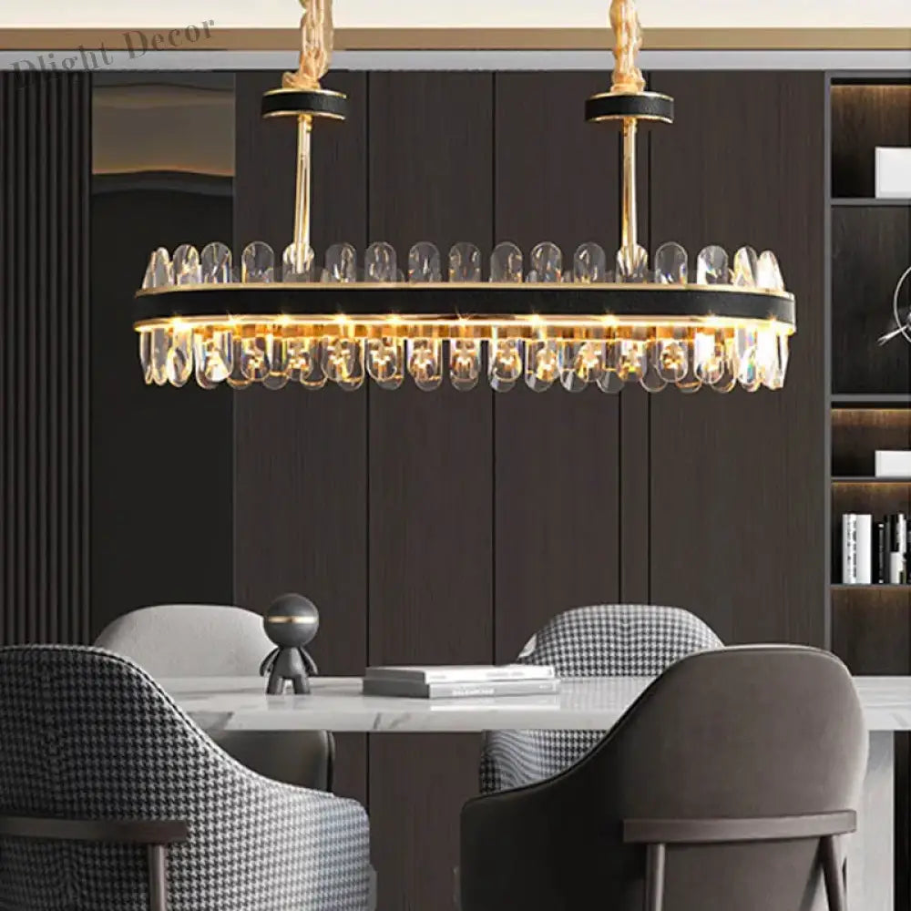 Dimmable LED Crystal Oval Ceiling Chandeliers - Black Leather Luxury Lustres for Dining Room Decor