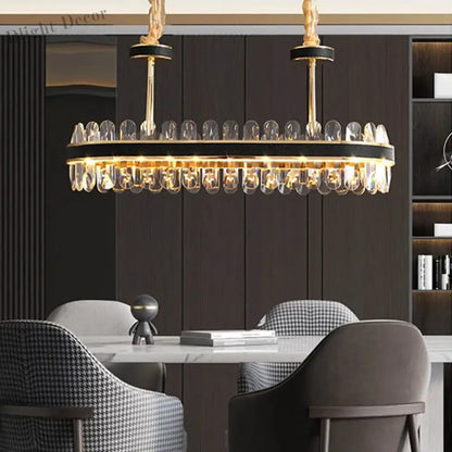 Dimmable LED Crystal Oval Ceiling Chandeliers - Black Leather Luxury Lustres for Dining Room Decor