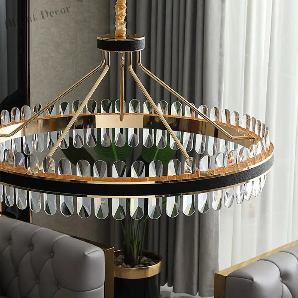 Dimmable LED Crystal Oval Ceiling Chandeliers - Black Leather Luxury Lustres for Dining Room Decor