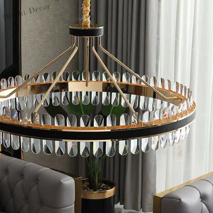 Dimmable LED Crystal Oval Ceiling Chandeliers - Black Leather Luxury Lustres for Dining Room Decor