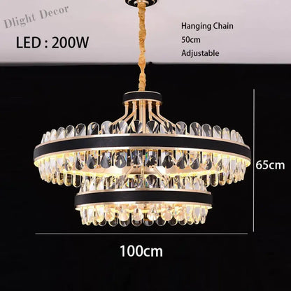 Dimmable LED Crystal Oval Ceiling Chandeliers - Black Leather Luxury Lustres for Dining Room Decor