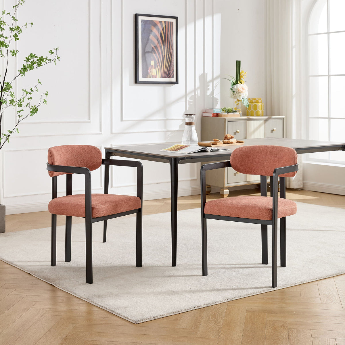 Dining Arm Chairs Set of 2 with Fabric Upholstery and Metal Legs - Green, Orange, or Beige