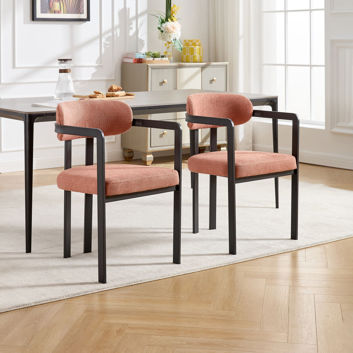 Dining Arm Chairs Set of 2 with Fabric Upholstery and Metal Legs - Green, Orange, or Beige