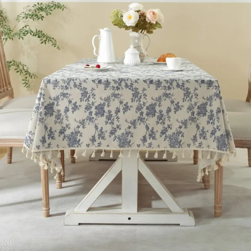 Ins Floral Cotton Linen Tablecloth - Retro Blue Rose Print Dining Table Cover for Kitchen, Parties, Picnics, and Home Decor