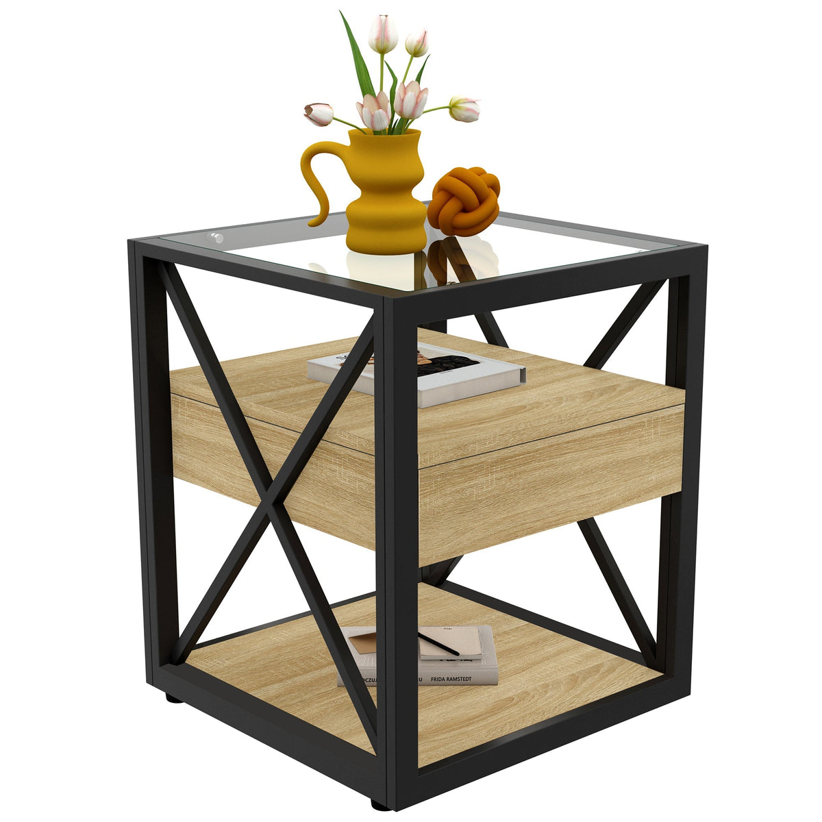 Modern End Table with Drawer - Natural Wood & Tempered Glass