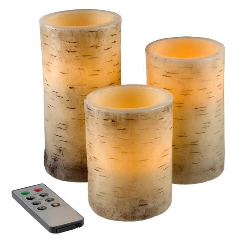 Set of 3 Vanilla Scented Flameless LED Candles – Realistic Faux Birch Bark Look, Dripless Beeswax – Safe & Stylish Indoor/Outdoor Battery Operated Pillar Candles with Remote Control, 6” Tall, Cream Beige