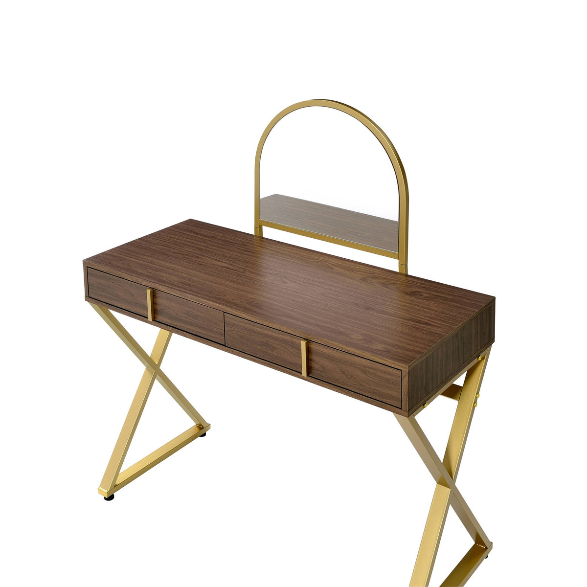 Walnut Vanity Desk with Mirror & Jewelry Tray - Gold Finish
