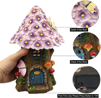 Solar Fairy Garden House Statue - Outdoor Light-Up Mushroom Figurine, Resin Lawn Decorations, Miniature Fairies House for Yard, Garden