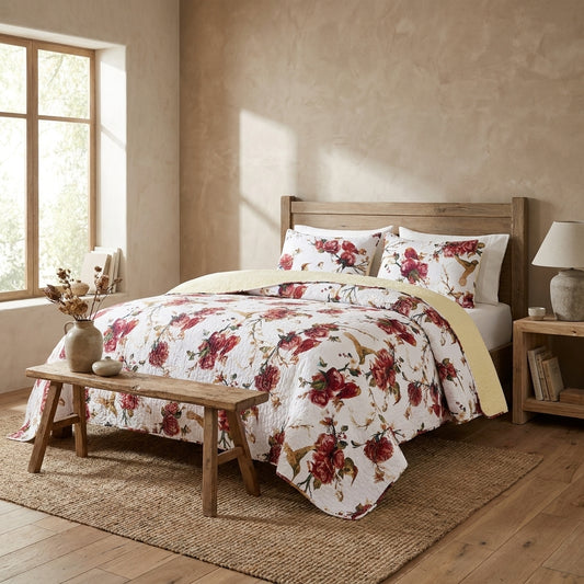Tache Vintage Rose Garden Hummingbirds Burgundy White Reversible Floral Quilt Set (SD-7676)