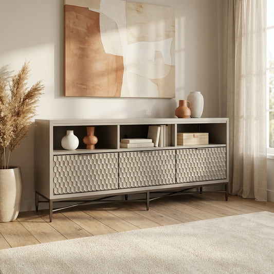 Milo Mahogany TV Console with Pewter Metal Base, Gray