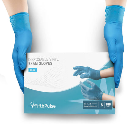 Blue Vinyl Disposable Gloves 100 Pack - Powder-Free, Latex-Free Medical Exam Gloves, Small