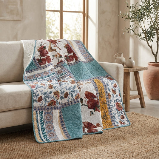 Tache Cotton Patchwork Old World Garden Pastel Blue Yellow Red Hummingbirds Quilted Throw Blanket (JHW-936)