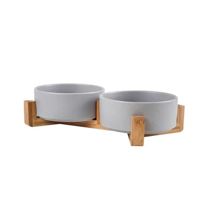 Ceramic Pet Bowl with Wooden Stand - Double Bowl Set for Dogs and Cats, Non-Spill Design, 400ml Each