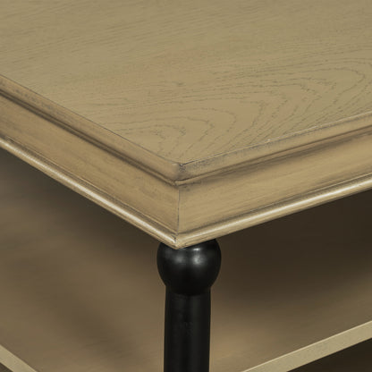 Wood Coffee Table with Black Legs and Open Storage Shelves - Brown