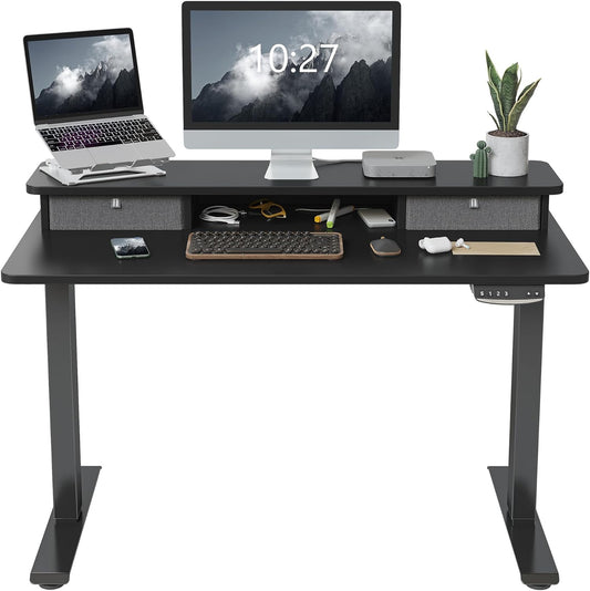 48 X 24 Inch Height Adjustable Electric Standing Desk with Double Drawer, Stand up Desk with Storage Shelf, Sit Stand Desk, Black
