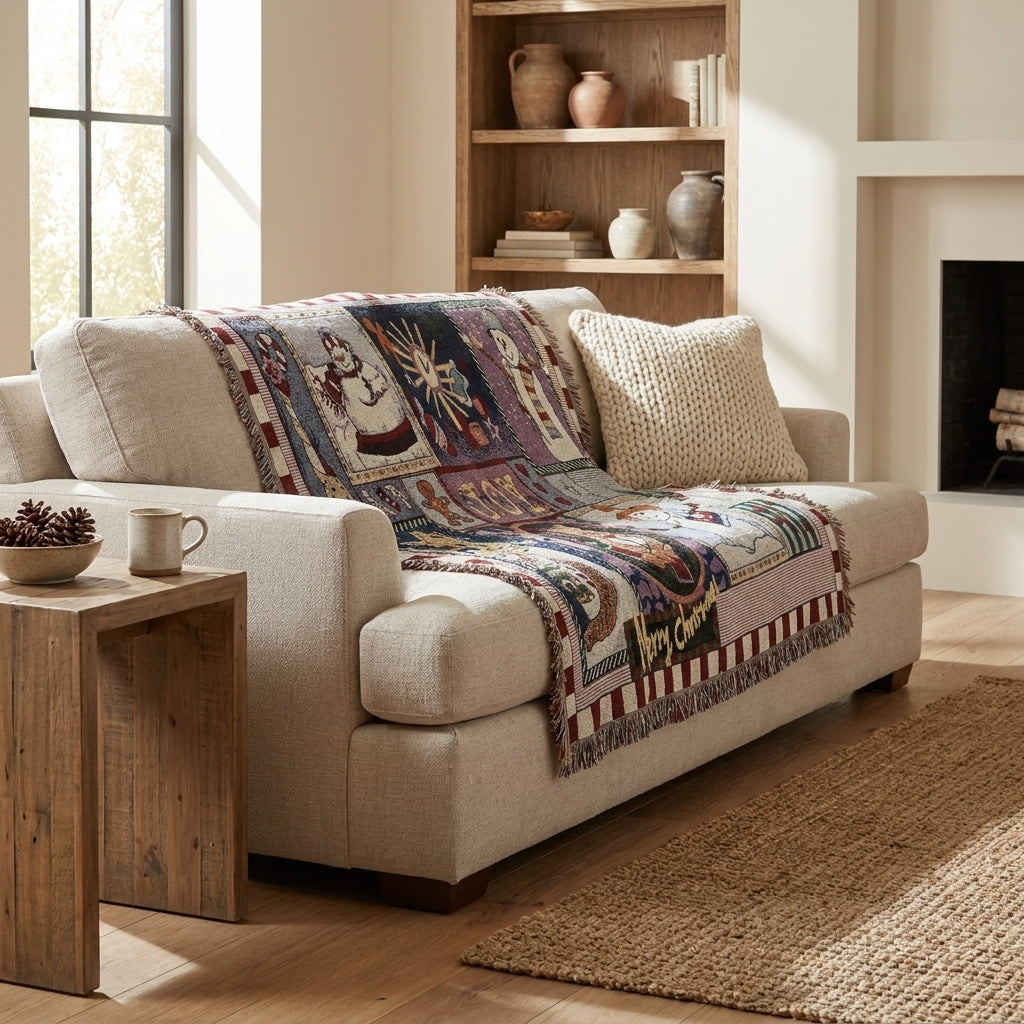 Cotton Blend Tapestry Throw Blanket with Snowman Motif