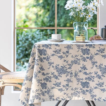 Ins Floral Cotton Linen Tablecloth - Retro Blue Rose Print Dining Table Cover for Kitchen, Parties, Picnics, and Home Decor