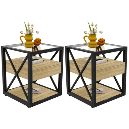 Modern End Tables with Drawer - Set of 2 Nightstands with Tempered Glass Top