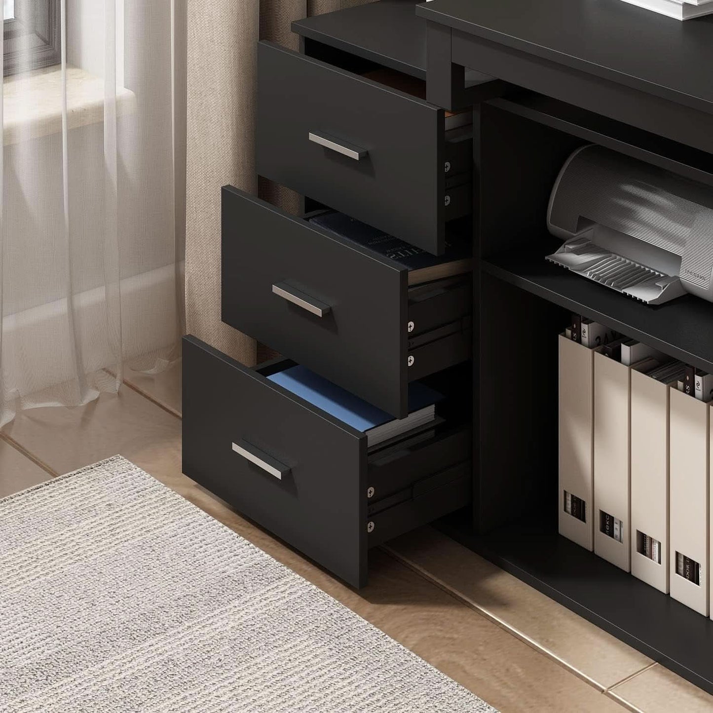 55 Inch L Shaped Computer Desk Black Storage Cabinet