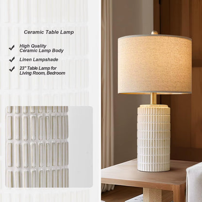 Modern Ceramic Table Lamp Set of 2 – 23” Beige-White Lamps with Glossy Finish, Perfect for Bedroom, Living Room, Nightstand & Desk Décor