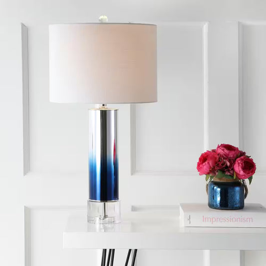 Edward 27” Blue Glass/Crystal LED Table Lamp - Stylish Ombre Glass with Cotton Drum Shade for Bedroom, Living Room, or Office