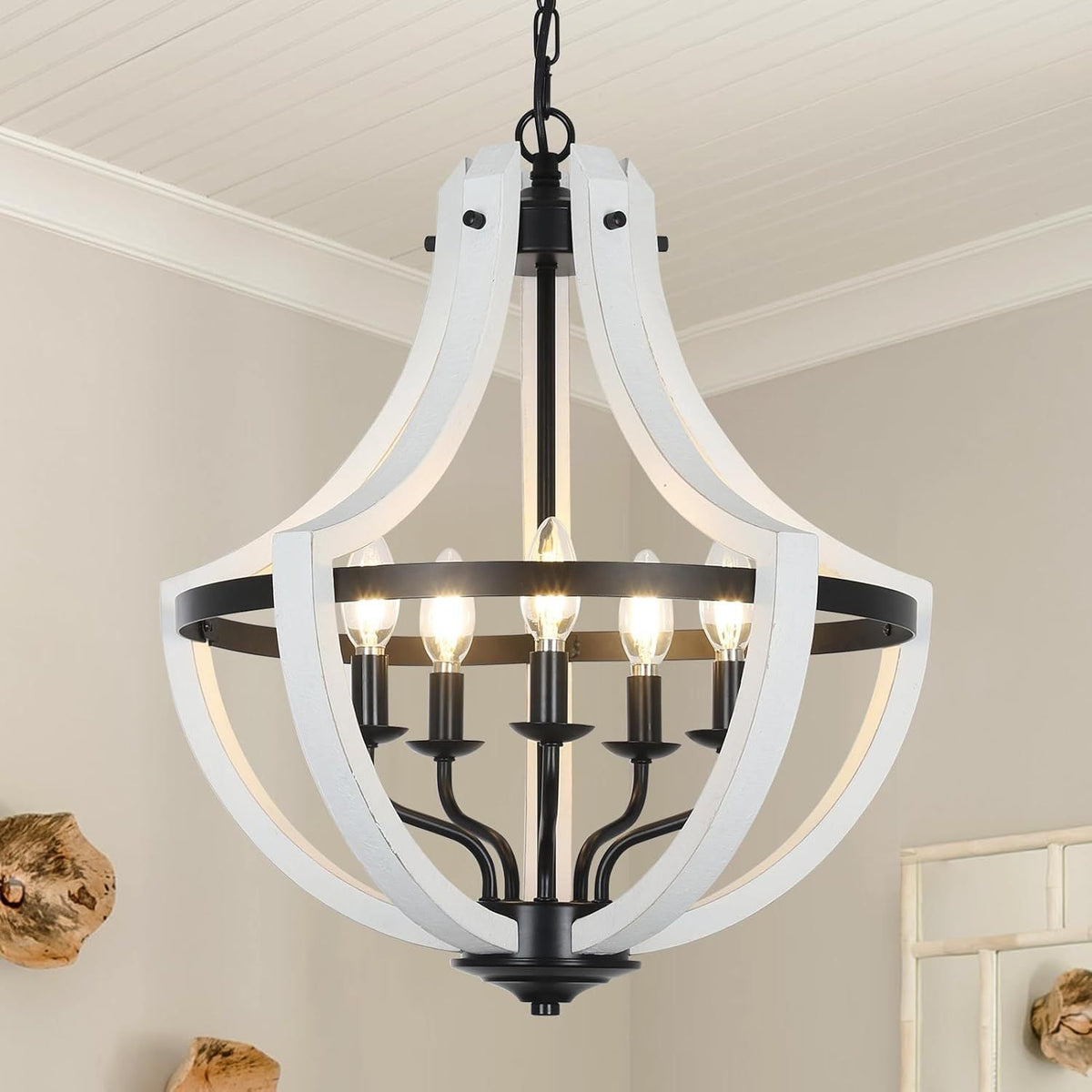 5-Light Farmhouse Chandelier with Dual-Mount Design - White