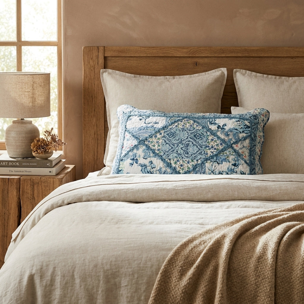 Cotton Patchwork Floral Scalloped Pillow Sham, Petal Dance Collection