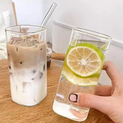 400ml Square Glass Coffee Cup with Lid and Straw - Transparent Glass Drinkware for Milk, Tea, Juice, and Cocktails